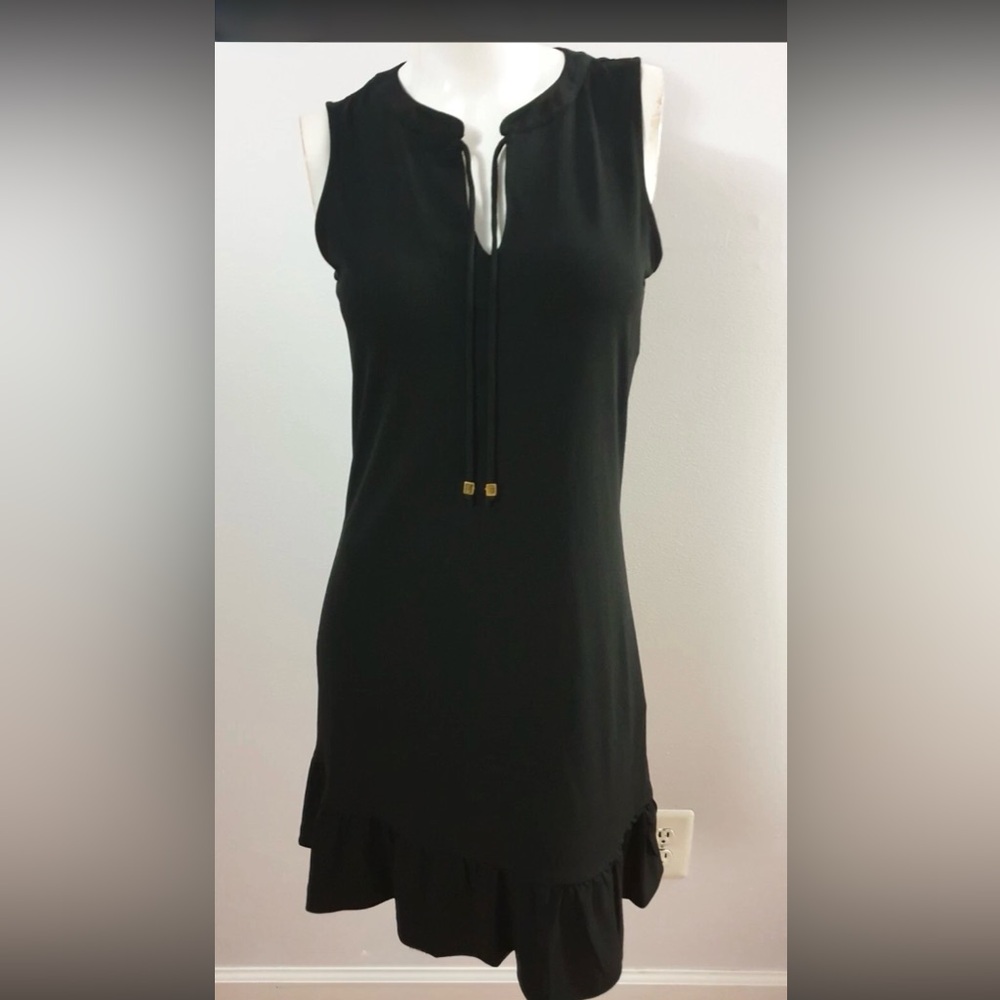 Michael Kors sleeveless black shift dress black tie key neck ruffle at hem XS